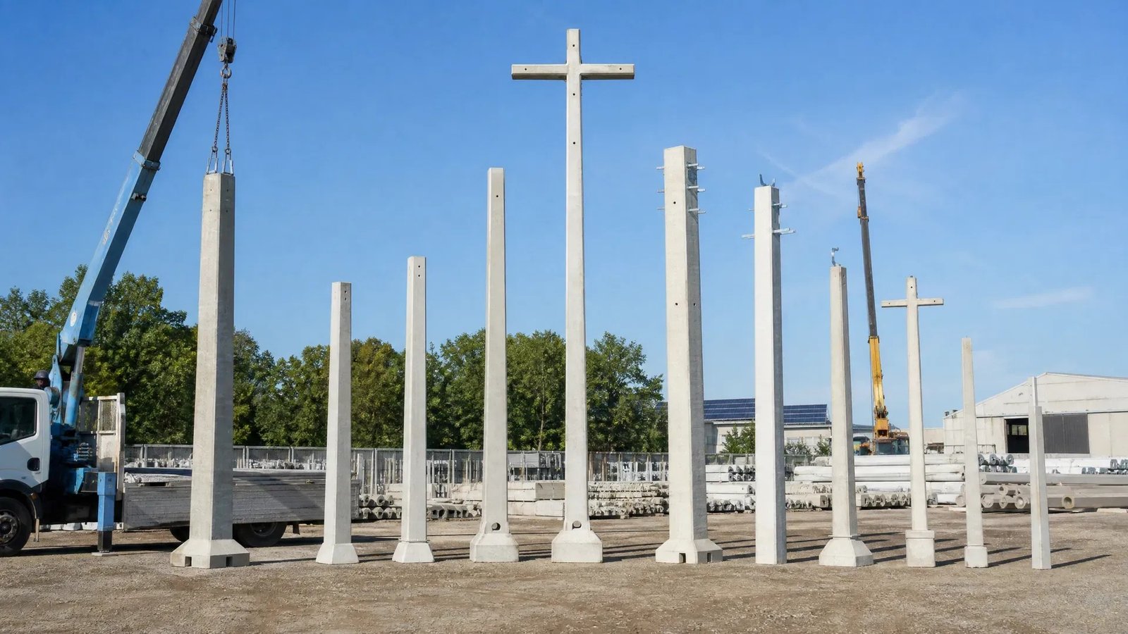 Postes de concreto sendo posicionados por guindaste